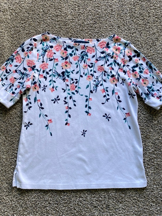 Karen Scott Tops - Karen Scott White Short-Sleeve Tee with Pink Rose & Green Vine Print